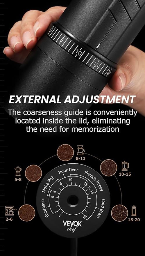 Vevok Chef O20 Manual Coffee Grinder - 20 levels External Adjustment, 35g Capacity with Travel Case and Cleaning Gear, Consistent Grind Ti-Plated Stainless Steel Conical Burr Hand Coffee Grinder