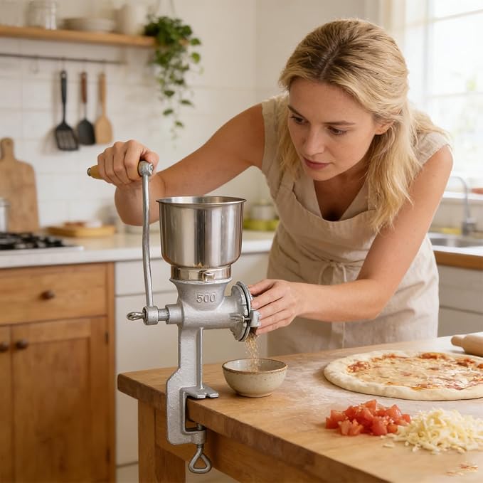 Hand-Crank Grain Mill, High Hopper Cast Iron Manual Grain Mill with Desktop Clip System, Heavy-Duty Grain Grinder, Coffee Grinder - Dry & Wet Grinding for Wheat, Grain