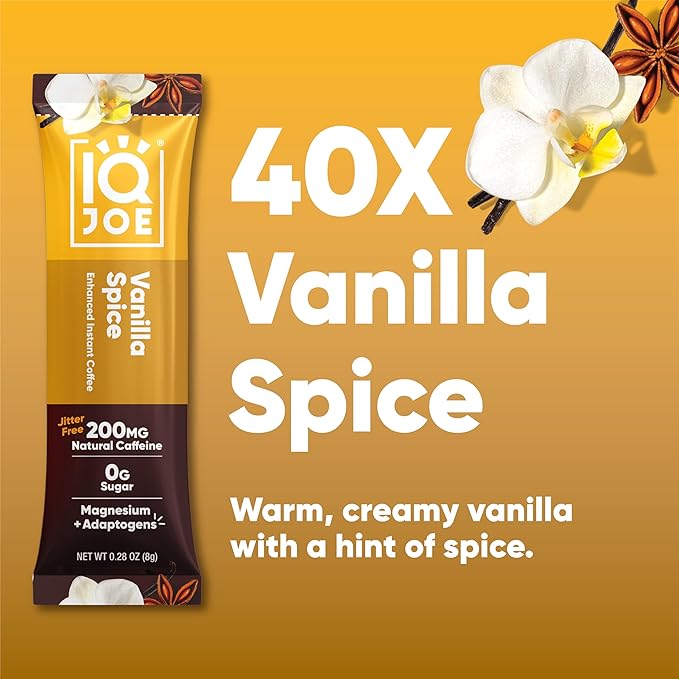 IQJOE Mushroom Coffee Packets (40 Servings) Lion’s Mane, Magtein Magnesium, Antioxidants, Adaptogens - Vanilla Spice - Instant Coffee for Focus, Clarity, Mood, Energy Boost - Sugar Free, Keto, Vegan