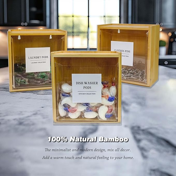 Laundry Pods Container, Acrylic Wall Mounted Organizer with Extra Labels, Candy Dispenser Coffee Pod Holder Dishwasher Pods Case for Home,Kitchen, Office, Bamboo