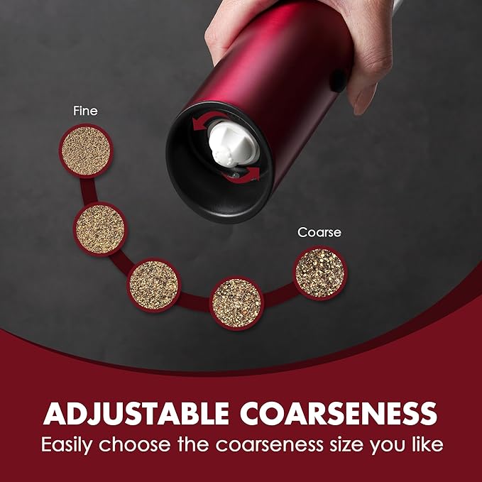 Vzaahu Gravity Electric Pepper and Salt Grinder Set of 2 Silver and Red- Rechargeable, Refillable, Adjustable Coarseness, Stainless Steel Salt Pepper Mill with LED light - One Hand Operation