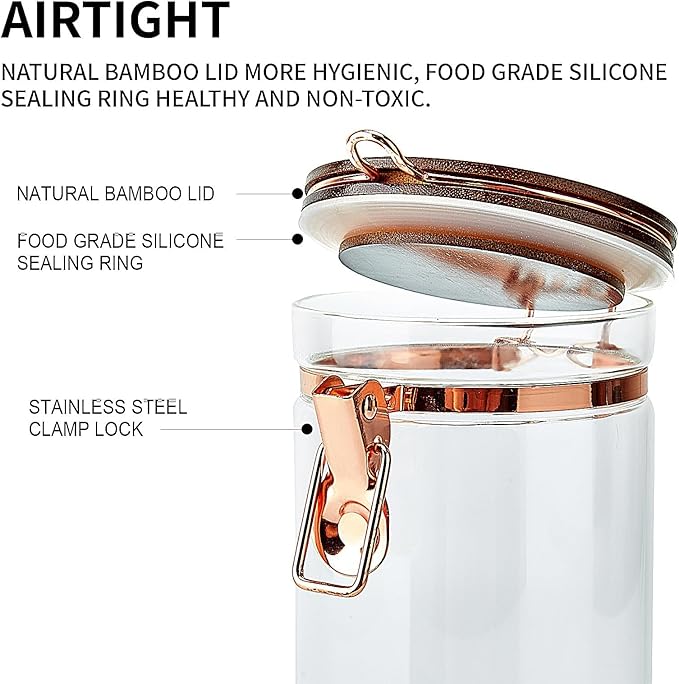 Glass Coffee Container with Wooden Shelf, 2 x 40 FLOZ Coffee Bean Storage with Sealed Closure Clips and Copper Spoon, Kitchen Large Capacity Food Storage Jar, Ground Coffee Container