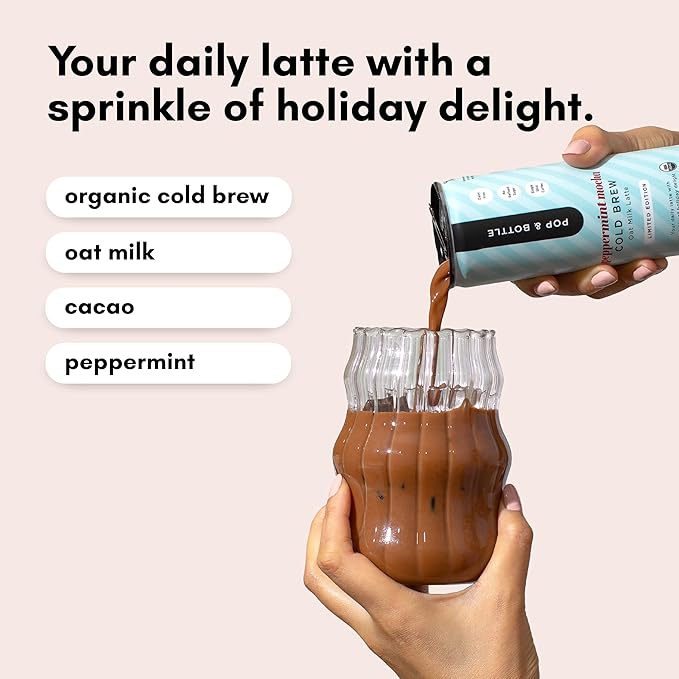 Pop & Bottle Oat Milk Lattes- Cold Brew, Cold Brew Coffee Cans, Canned Coffee, Iced Coffee, Organic, Dairy Free, Gluten Free, Lightly Sweetened with Coconut Nectar- Peppermint Mocha, 8 Fl Oz (12 Pack)