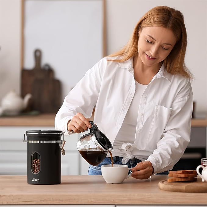 Veken Coffee Canister Gift Set with Window, Airtight Stainless Steel Kitchen Food Storage Container with Date Tracker and Scoop for Grounds Coffee, Beans, Tea, Flour, Cereal, Sugar, 22&16OZ,Black