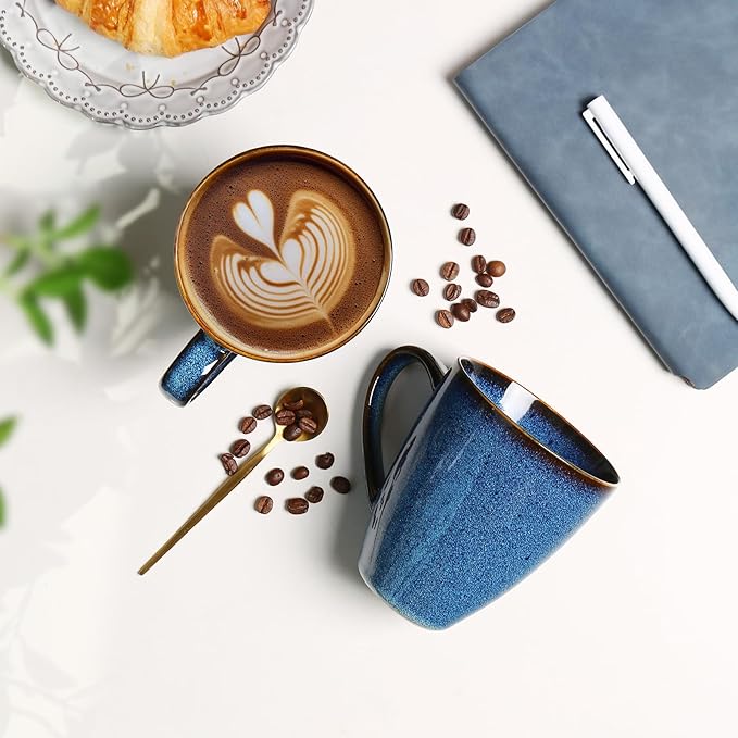 MONITO 17 OZ Coffee Mugs Set of 6, Large Ceramic Blue Coffee Mugs Set with handle for Tea/Latte/Milk/Cocoa, Funny Tea Cups for Office and Home, Engagement Gifts. (Starry Blue)