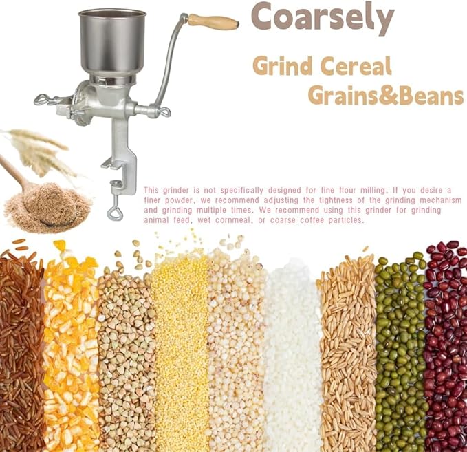 Hand-Crank Grain Mill, High Hopper Cast Iron Manual Grain Mill with Desktop Clip System, Heavy-Duty Grain Grinder, Coffee Grinder - Dry & Wet Grinding for Wheat, Grain