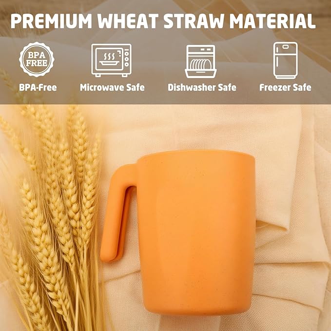 Wheat Straw Coffee Mugs Set of 6, Plastic Coffee Mugs 16 OZ, Microwave and Dishwahser Safe Plastic Cups with Handles, Unbreakable coffee Mugs for Camping, Tea, Kitchen, RV - Multicolor
