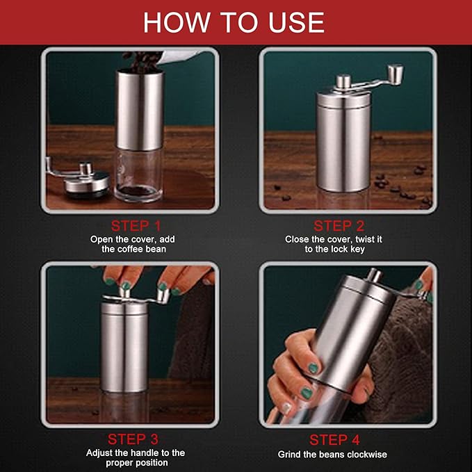 Manual Coffee Grinder, Coffee Bean Grinder with Adjustable Settings, Stainless Steel Hand Coffee Mill, Coffee Grinder Manual for Camping Home and Office (Sliver)