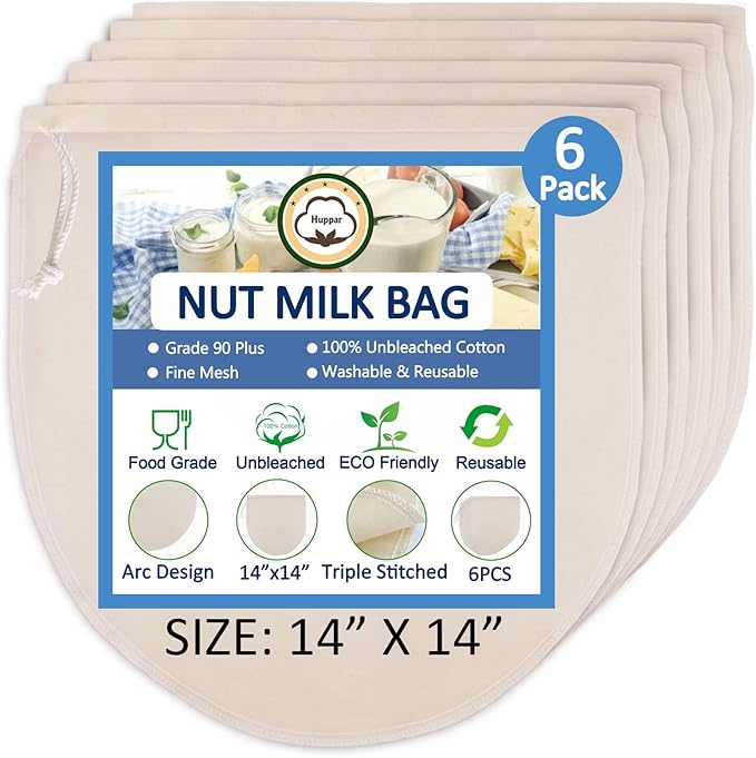 6 Pack 14"x14" Nut Milk Bags - 100% Unbleached Cotton, Food Strainer, Reusable Cheesecloth,Straining Almond/Oat/Soy Milk, Cold Brew Coffee, Cloth Bag for Cheese/Yogurt/Juice/Tea/Wine/Soup/Herbs