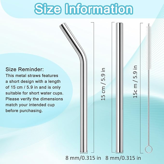 10 Pcs Short Metal Straws, 6 in x 8 mm Metal Straws Reusable Stainless Steel Straws Straight with 2 Cleaning Brush, Reusable Short Drinking Straw for Cocktail Coffee Mugs Small Glasses Cups