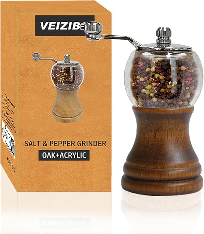 Salt and Pepper Grinder Set Manual Pepper Mill Acrylic Hand Crank Salt & Peppercorn Grinder Rustic Wooden Pepper Shaker with Adjustable Coarseness Ceramic Core (Walnut 1pcs-5in)
