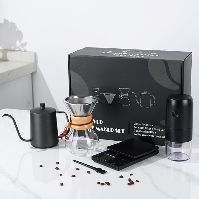 SuperCook Pour Over Coffee Dripper Set, Hand Drip Coffee Maker Set, All in One Pour Over Kit with Electric Grinder, Coffee Dripper Set, Ideal for Anniversary Birthday Gift