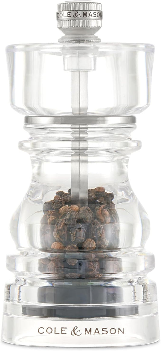Cole & Mason London Refillable Spice Mill - Kitchen & Home Accessory - Table Black Pepper Grinder - Pepper Mill with Carbon Steel Mechanism - 5", Acrylic