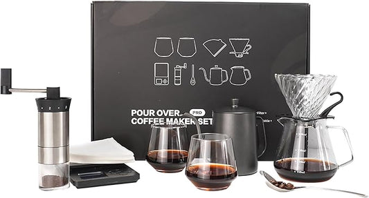 SuperCook Hand Drip Pour Over Coffee Set, All in One Includes Gooseneck Kettle, V60 Glass Dripper, Paper Filter, Cups, Manual Grinder, Scale, Ideal for Anniversary Birthday Gift