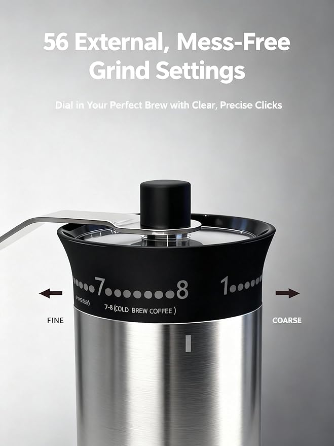 LAMIDO Mini Manual Coffee Grinder - 56 External Grind Settings, Stainless Steel Body & Crank, Ceramic Burr, Portable Hand Grinder for Travel, Camping, Home Brewing - Stainless Steel