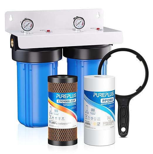 PUREPLUS 2-Stage Whole House Water Filtration System, Reduces Chlorine, Odor, Heavy Metals & Rust, with Pressure Gauges, 10" x 4.5" Housing, 1" Inlet/Outlet, PP Sediment & KDF Carbon Block Filters