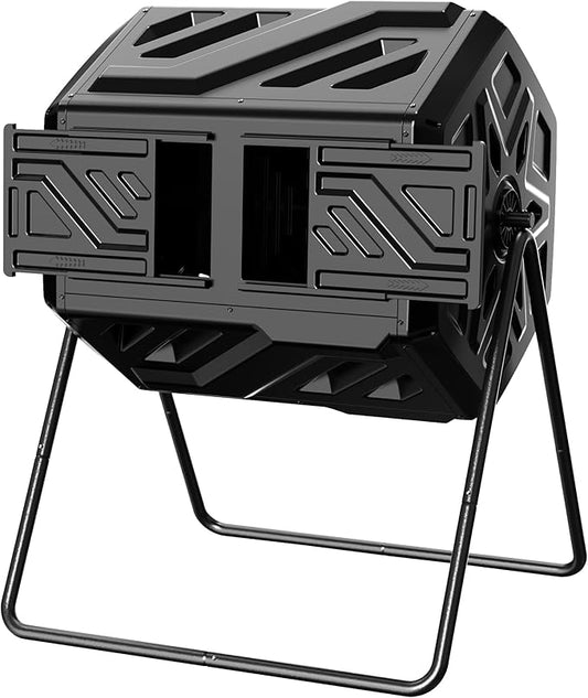 43 Gallon Compost Bin with Gloves, Fast Assembly & Easy Setup Outdoor Compost Tumbler, Updated Dual Chamber Tumbling Composter for Garden, Kitchen, and Yard Waste, Black