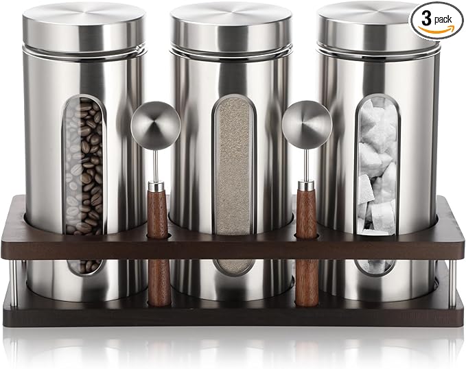 Suclain Stainless Steel Coffee Grounds Canisters with Shelf 3 x 50oz Sugar Coffee Bean Storage Container with Airtight Threaded Lid, Glass Window, Scoop Kitchen Storage Jar Set for Bar Creamer Nut Tea