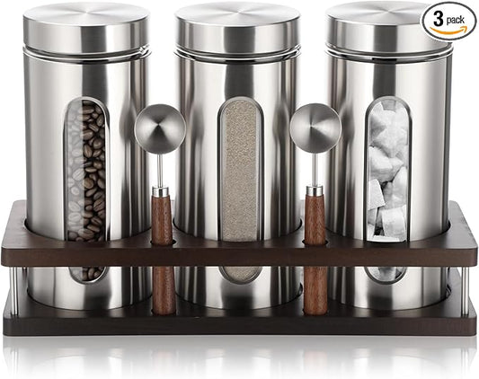 Suclain Stainless Steel Coffee Grounds Canisters with Shelf 3 x 50oz Sugar Coffee Bean Storage Container with Airtight Threaded Lid, Glass Window, Scoop Kitchen Storage Jar Set for Bar Creamer Nut Tea
