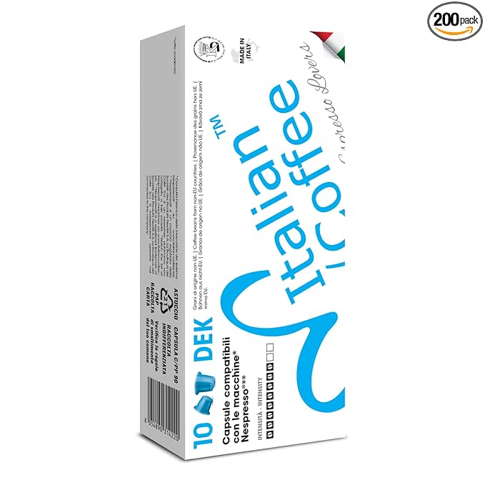 Italian Coffee for Espresso Lovers capsules compatible with Nespresso Original Line machines (DEK Decaf Regular, 200 Count (Pack of 1))