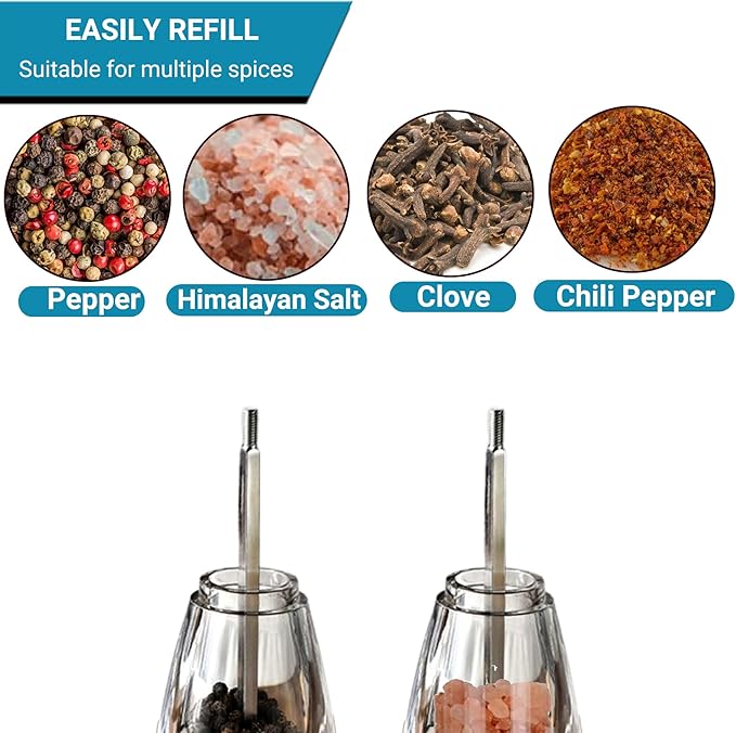Salt and Pepper Grinder Set, Pepper Mills Classic Manual Transparent Acrylic Rotor, 2PCS 8IN Large Capacity Pepper & Salt Grinder Seasoning Bottle, Ceramic Core Adjustable Coarseness for Fresh Spices