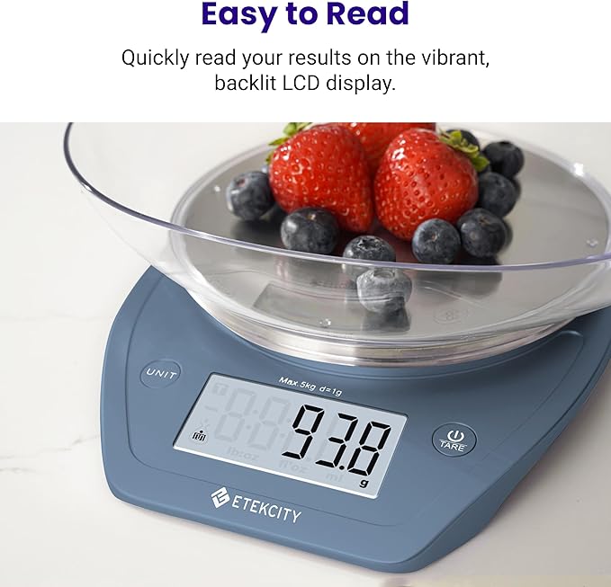 Etekcity 0.1g Food Scale, Bowl, Digital Grams and Ounces for Weight Loss, Dieting, Baking, Cooking, and Meal Prep, 11lb/5kg, Stainless Steel Prussian Blue