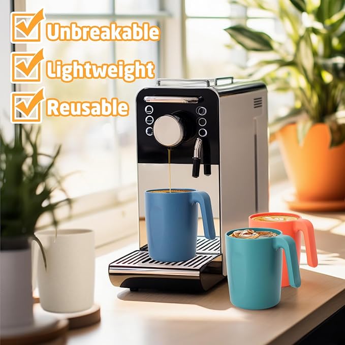 Wheat Straw Coffee Mugs Set of 6, Plastic Coffee Mugs 16 OZ, Microwave and Dishwahser Safe Plastic Cups with Handles, Unbreakable coffee Mugs for Camping, Tea, Kitchen, RV - Multicolor