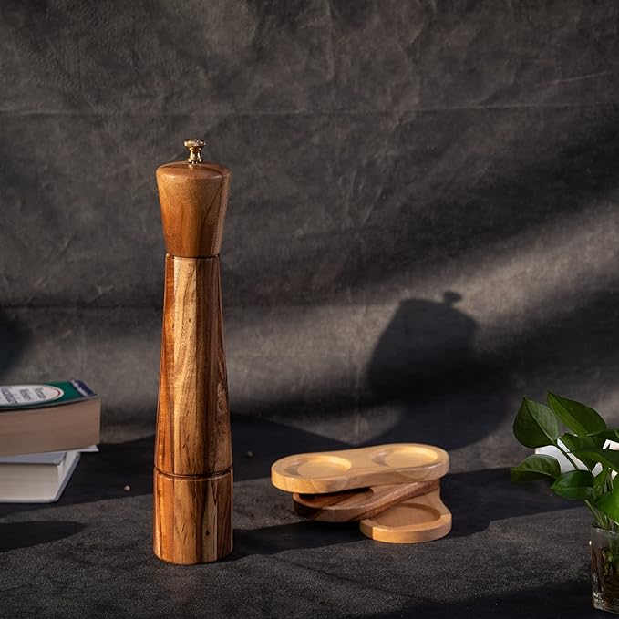 Pepper Grinder, Pepper Mill with Adjustable Stainless Steel, Acacia Wood, 32 cm / 12 inch Height, Bottom Dia: 6 cm, Upper Dia: 5.5 cm (Tray is NOT Included)