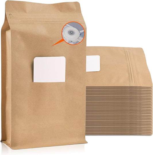 New Coffee Bags with Valve (50 PCS, 32 oz/2 lb) Kraft Paper Stand Up Pouches with Card Slot, High Barrier Aluminum Foil Flat Bottom Resealable Coffee Bean Storage Bags Heat Seal Side Zipper Pouches