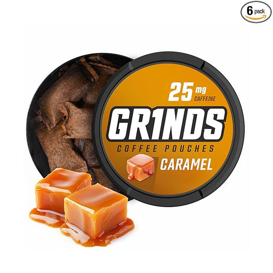 Grinds Coffee Pouches | Free, Nicotine Free clean energy option | 6 Cans of Caramel | 18 Pouches Per Can | 1 Pouch eq. 1/4 Cup of Coffee (Caramel)