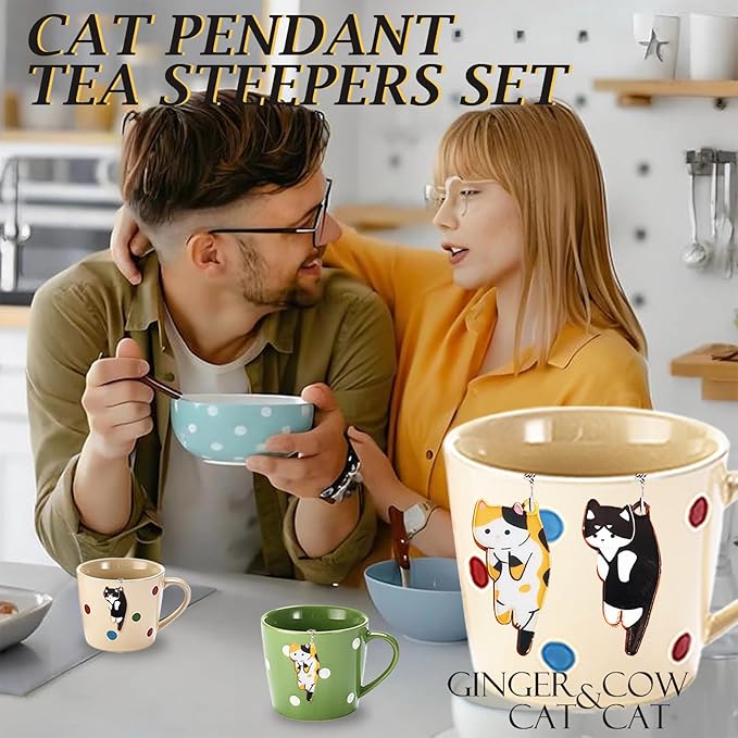 Cat Tea Infuser Set, 2 PCS Cubic Tea Diffusers for Loose Tea, Stainless Steel Tea Ball with Cute Charm Pendant, Reusable Tea Steeper for Tea Extraction and Cold Brewing, Black & Orange Cat