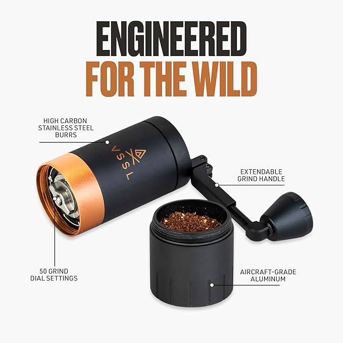 VSSL - Nest Pour Over Coffee Kit + Java G25 Bean Grinder Bundle | Coffee for Camping | Pour Over Dripper | Two 10oz Stainless Steel Travel Mugs | Sahara/Carbon