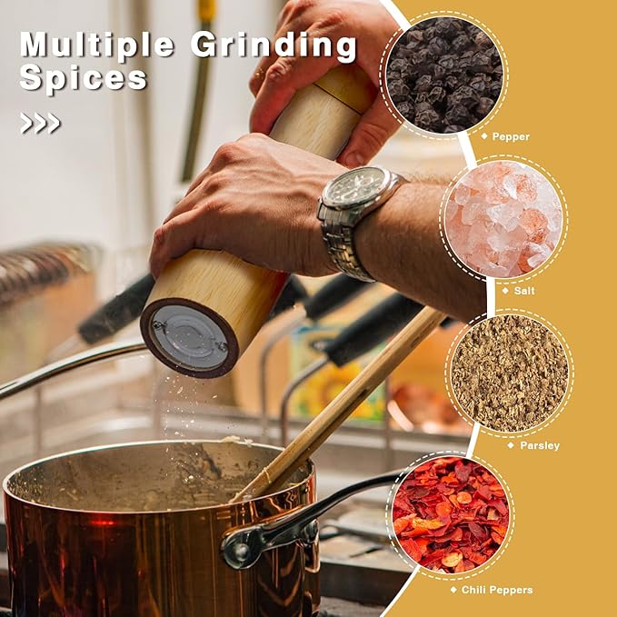 Wooden Pepper Grinder, 8 Inches Salt Grinder with Adjustable Coarseness Pepper Mill, Refillable Manual Salt Grinder, Oak Wood Salt and Pepper Grinder Mill for Kitchen - Natural