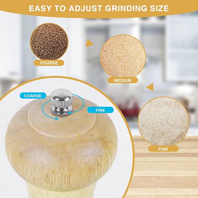Wooden Pepper Grinder, 8 Inches Salt Grinder with Adjustable Coarseness Pepper Mill, Refillable Manual Salt Grinder, Oak Wood Salt and Pepper Grinder Mill for Kitchen - Natural