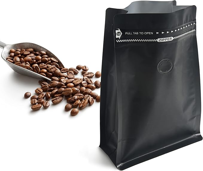 Black Coffee Bags with Valve (Pack of 100, 12oz/0.75lb Size) - High Barrier Aluminum Foil - Flat Bottom Coffee Pouches with Rsealable Zipper & Easy Open Tape