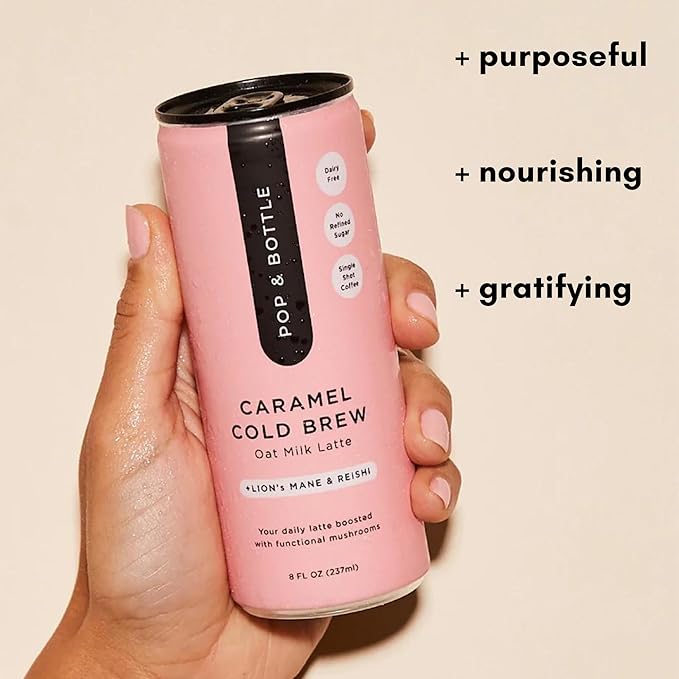 Pop & Bottle, Oat Milk Lattes - Cold Brew with Lions Mane & Reishi, MCT Oil, Single Shot Cold Brew, Mushrooms, Organic, Dairy Free, Gluten Free, Great as Iced Coffee, Lightly Sweetened with Dates - Caramel, 8 Fl Oz (12 Pack)