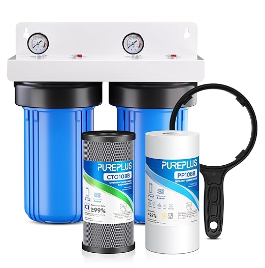 PUREPLUS 2-Stage Whole House Water Filtration System, 10" x 4.5" Universal Housing, NSF/ANSI 42 Certified Sediment & Carbon Block Filters, 1" Inlet/Outlet, Includes External Pressure Gauges