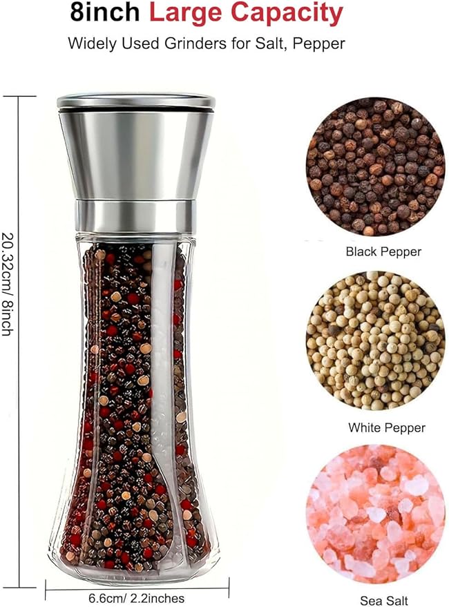 Pepper Grinder Salt Grinder, 8inch Stainless Steel Pepper Mill w/Adjustable Coarseness, Refillable Salt with Funnel, Cleaning Brush, Manual Pepper Grinder for Black Peppercorns