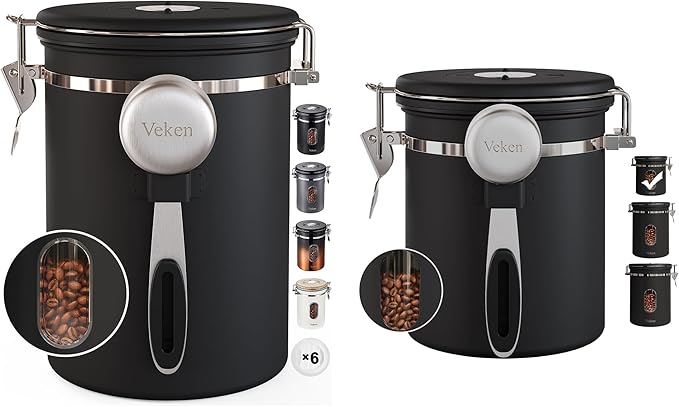 Veken Coffee Canister Gift Set with Window, Airtight Stainless Steel Kitchen Food Storage Container with Date Tracker and Scoop for Grounds Coffee, Beans, Tea, Flour, Cereal, Sugar, 22&16OZ,Black