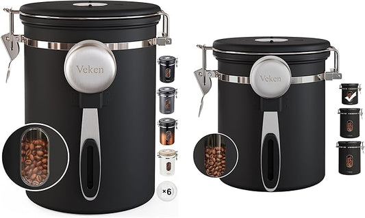 Veken Coffee Canister Gift Set with Window, Airtight Stainless Steel Kitchen Food Storage Container with Date Tracker and Scoop for Grounds Coffee, Beans, Tea, Flour, Cereal, Sugar, 22&16OZ,Black