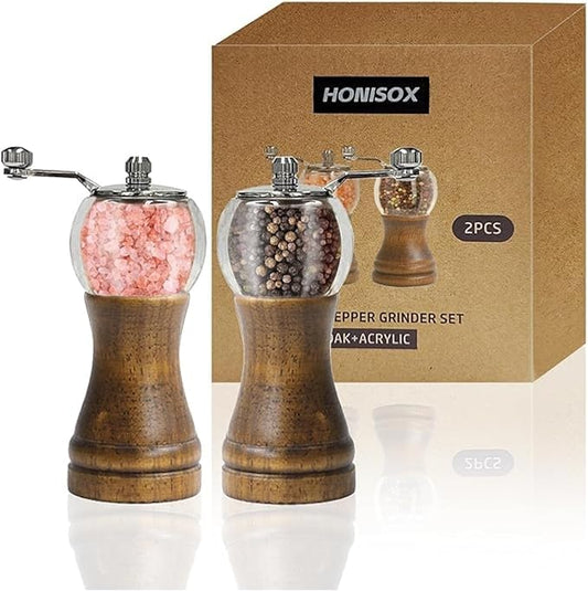 Salt and Pepper Mill Set Manual Salt Pepper Grinder Set, Classical Metal Handle Wooden Salt Pepper Shakers 2pcs-6in Acrylic Salt Grinder Wooden Pepper Mill Enjoy Fresh Ground Pepper Spices