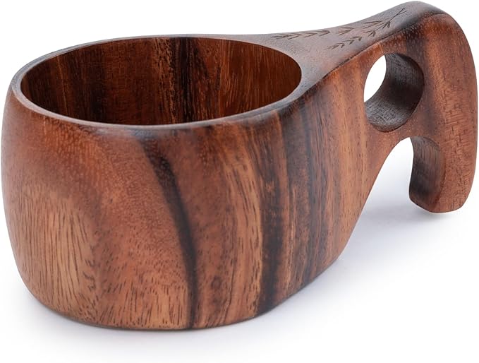 Barebones Kuksa Wooden Drinking Cup - Unique Acacia Mug with Nordic Style, Ergonomic Handle, Food-Safe Coating and Leather Cord - Versatile, Sustainable for Camping or Home (8 oz)