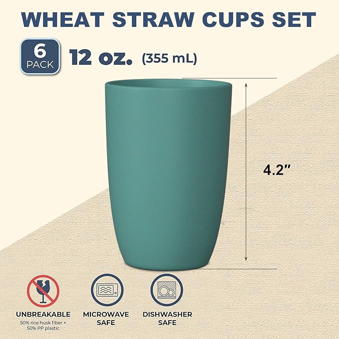 Wheat Straw Cups 6 PCS Good Alternative to Plastic Reusable Cups 12 oz Unbreakable Drinking Cup Reusable Dishwasher Safe Water Plastic Glasses Green