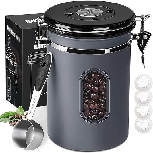 1800ML Airtight Coffee Canister with Date Tracker&Transparent Window, 22.8OZ Coffee Container with 30ML Measure Spoon&4 co2 Valve, Coffee Bean Storage Container for Grounds Coffee, Beans, Tea(Gray)