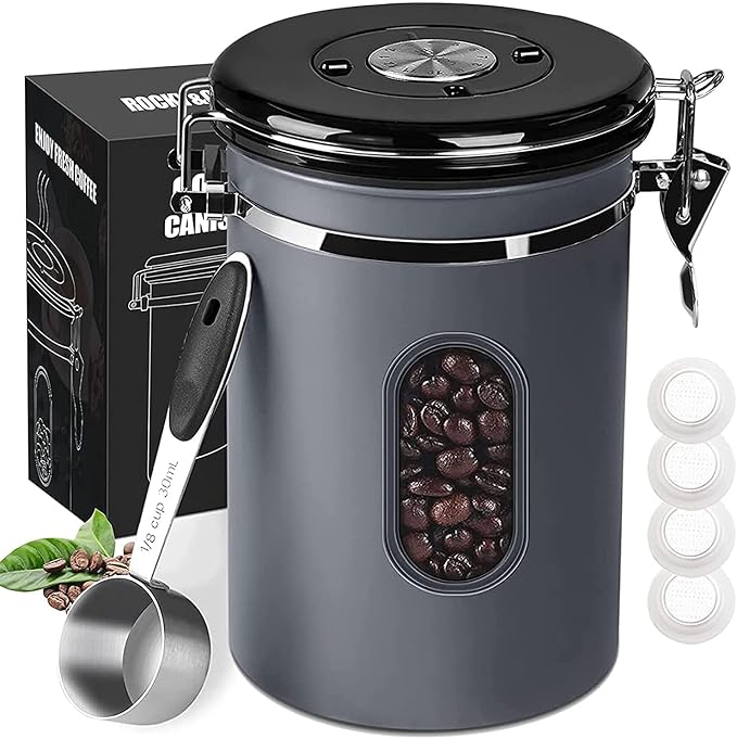 ROCKY&CHAO 2800ML Coffee Canister with Date Tracker&Transparent Window, 35OZ Coffee Container with 30ML Measure Spoon&4 co2 Valve, Coffee Bean Storage Container for Grounds Coffee, Beans, Tea(Gray)