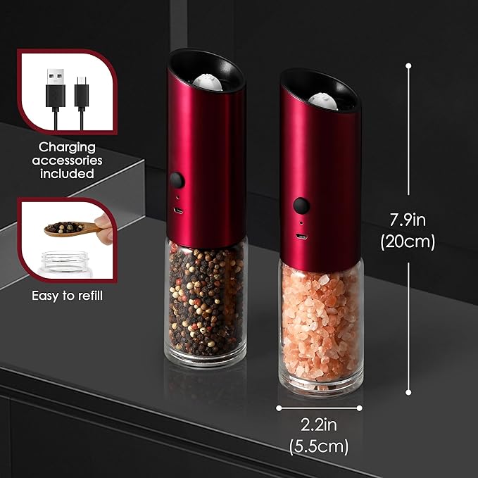 Vzaahu Gravity Electric Pepper and Salt Grinder Set of 2 Silver and Red- Rechargeable, Refillable, Adjustable Coarseness, Stainless Steel Salt Pepper Mill with LED light - One Hand Operation