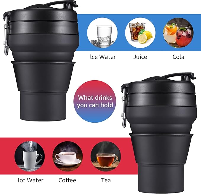Collapsible Coffee Cup, 2 Pack 16 OZ 480ml Silicone Travel Folding Cup, Leak Proof BPA Free Portable Cup, Travel mug with Lids for Camping hiking (2 * 16OZ)