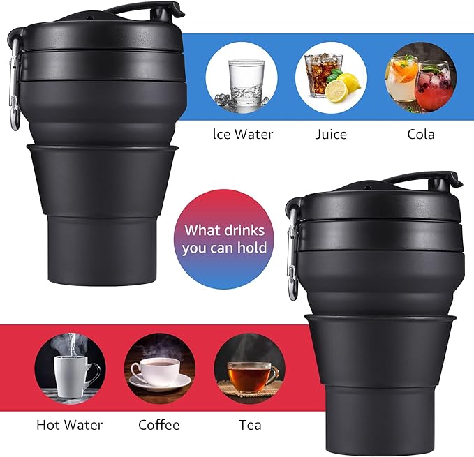 2PACK Collapsible Coffee Cup, 20 OZ 600ml Silicone Folding Camping Mug, Leak Proof BPA Free Portable Sport Bottle with Lids for hiking, Microwave & Dishwasher Safe (Black)