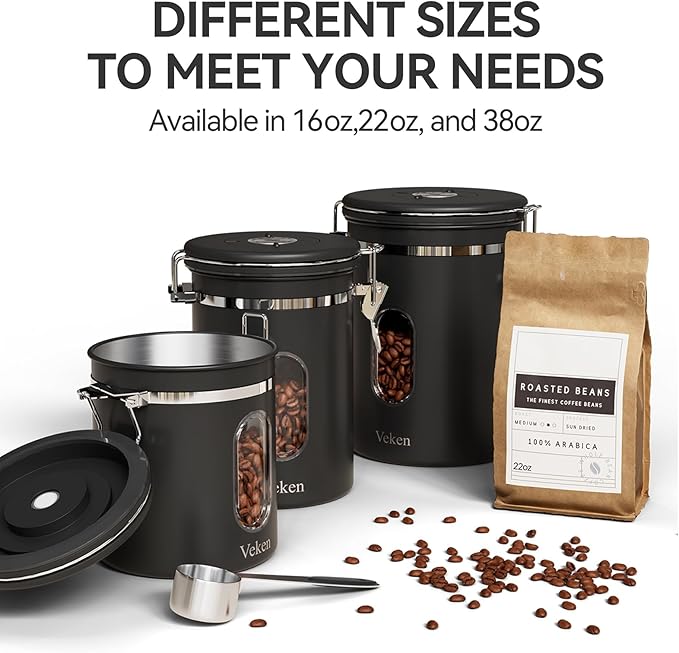 Veken Coffee Canister Gift Set with Window, Airtight Stainless Steel Kitchen Food Storage Container with Date Tracker and Scoop for Grounds Coffee, Beans, Tea, Flour, Cereal, Sugar, 22&16OZ,Black