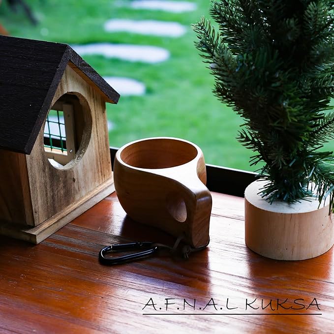 Kuksa Camping Mug Wooden Bushcraft Handcarved Cup, Nordic Style Coffee & Hiking Kuksa, Rubber Wood with Single Hole, 7.1 oz., 6.3" x 3.8" x 2.6"